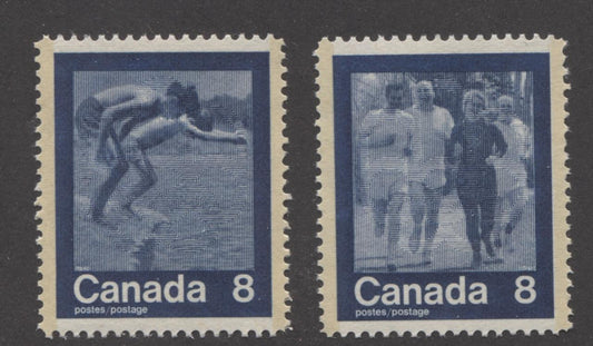 Canada #629-30 (SG#768-769) 8c Dark Blue 1974 Summer Sports Issue "Swimming & Jogging" Paper/Tag Type 5 VF-80 NH Brixton Chrome 