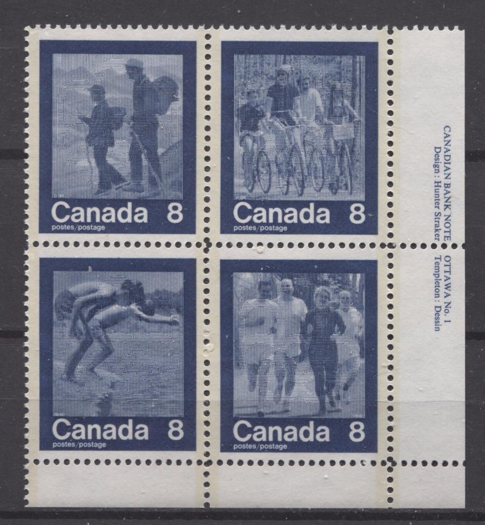 Canada #632a (SG#768a) 1974 Summer Sports Issue Block of 4 Paper/Tag Type 2 Plate 1 LR VF-80 NH Brixton Chrome 
