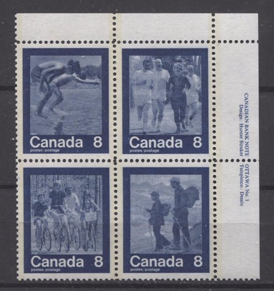 Canada #632a (SG#768a) 1974 Summer Sports Issue Block of 4 Paper/Tag Type 2 Plate 1 UR VF-80 NH Brixton Chrome 
