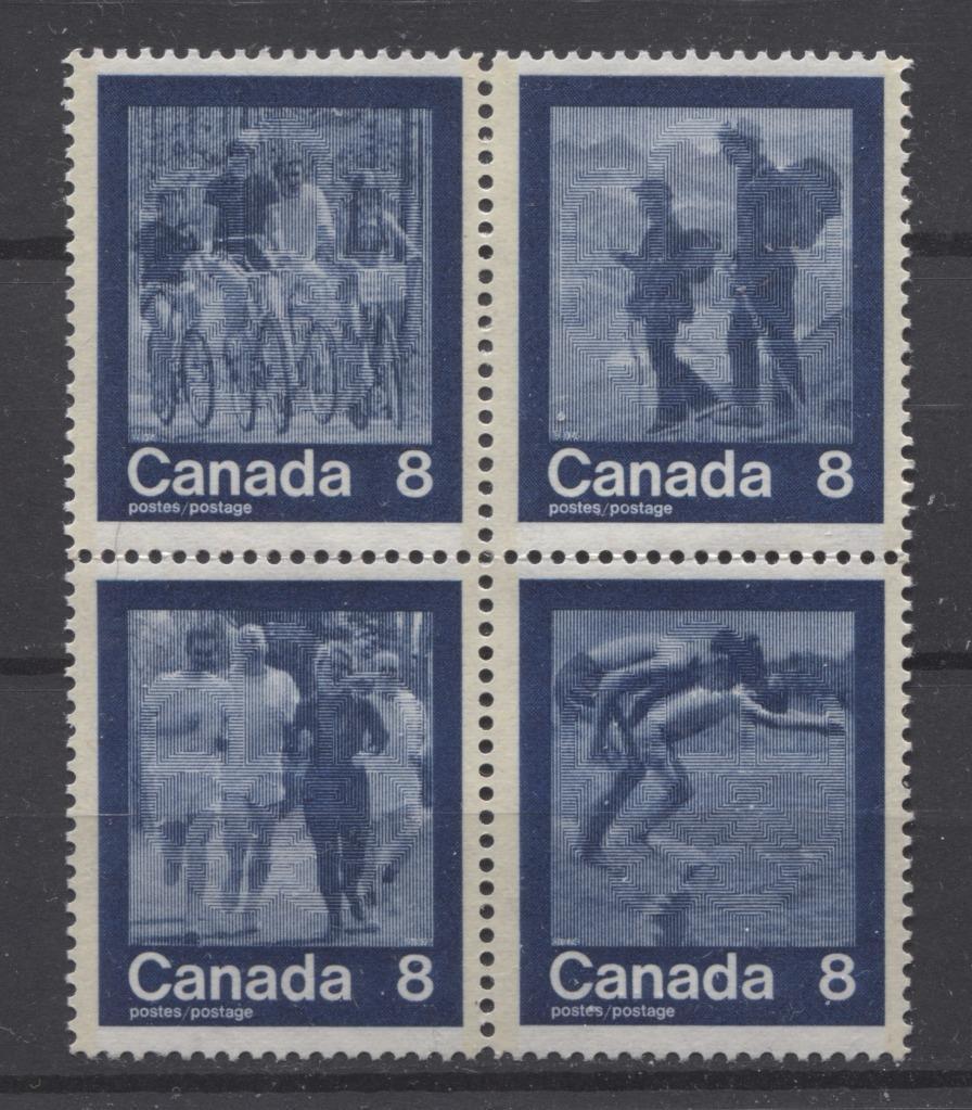 Canada #632a (SG#768a) 1974 Summer Sports Issue Block of 4 Paper/Tag Type 2 VF-75 NH Brixton Chrome 