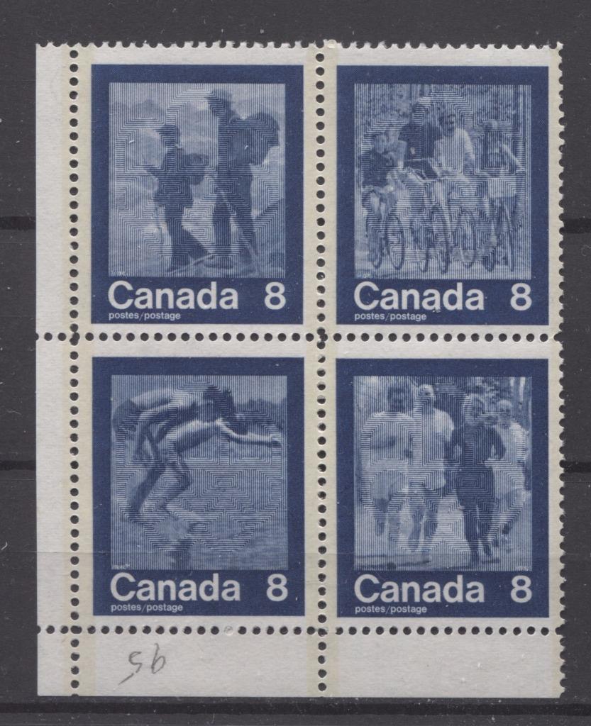 Canada #632a (SG#768a) 1974 Summer Sports Issue Block of 4 Paper/Tag Type 3 Blank LL F-70 NH Brixton Chrome 