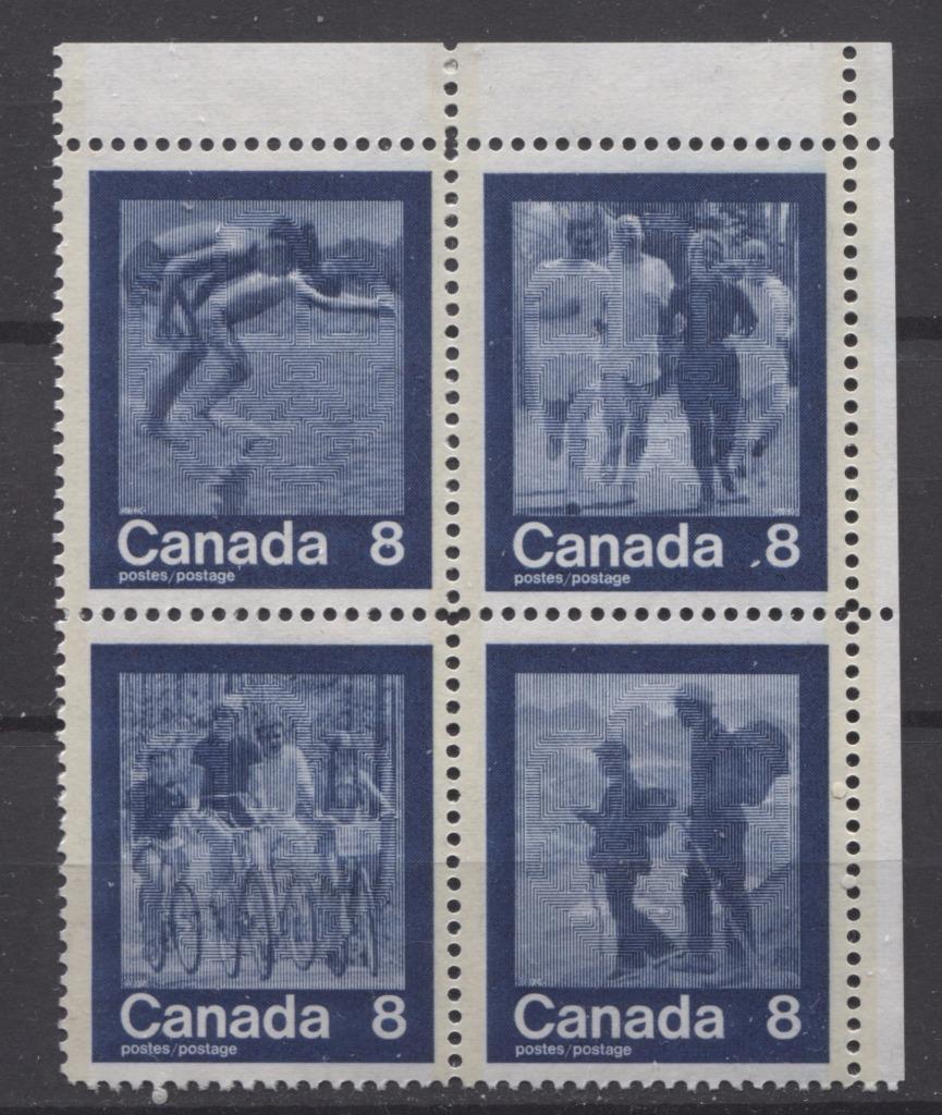 Canada #632a (SG#768a) 1974 Summer Sports Issue Block of 4 Paper/Tag Type 3 Blank UR VF-75 NH Brixton Chrome 