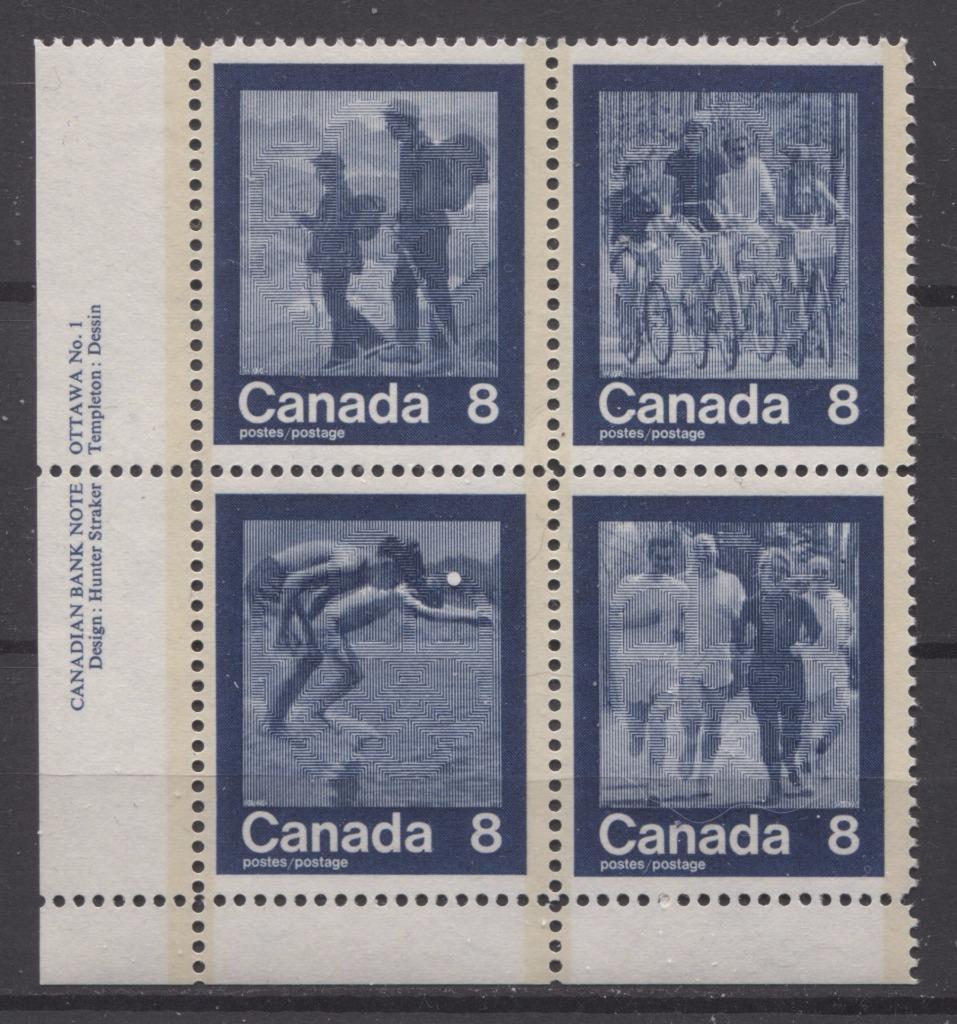 Canada #632a (SG#768a) 1974 Summer Sports Issue Block of 4 Paper/Tag Type 3 Plate 1 LL VF-75 NH Brixton Chrome 