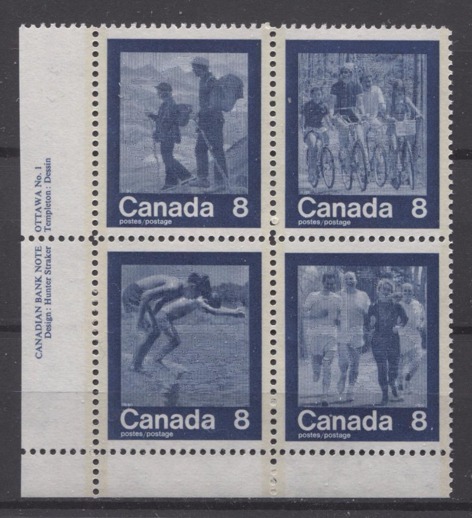 Canada #632a (SG#768a) 1974 Summer Sports Issue Block of 4 Paper/Tag Type 3 Plate 1 LL VF-80 NH Brixton Chrome 