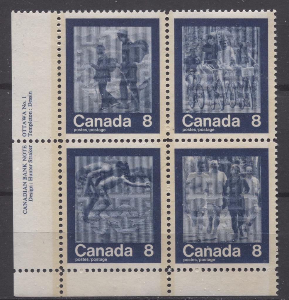 Canada #632a (SG#768a) 1974 Summer Sports Issue Block of 4 Paper/Tag Type 3 Plate 1 LL VF-80 NH Brixton Chrome 