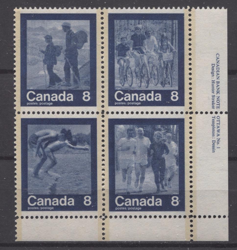 Canada #632a (SG#768a) 1974 Summer Sports Issue Block of 4 Paper/Tag Type 3 Plate 1 LR VF-80 NH Brixton Chrome 