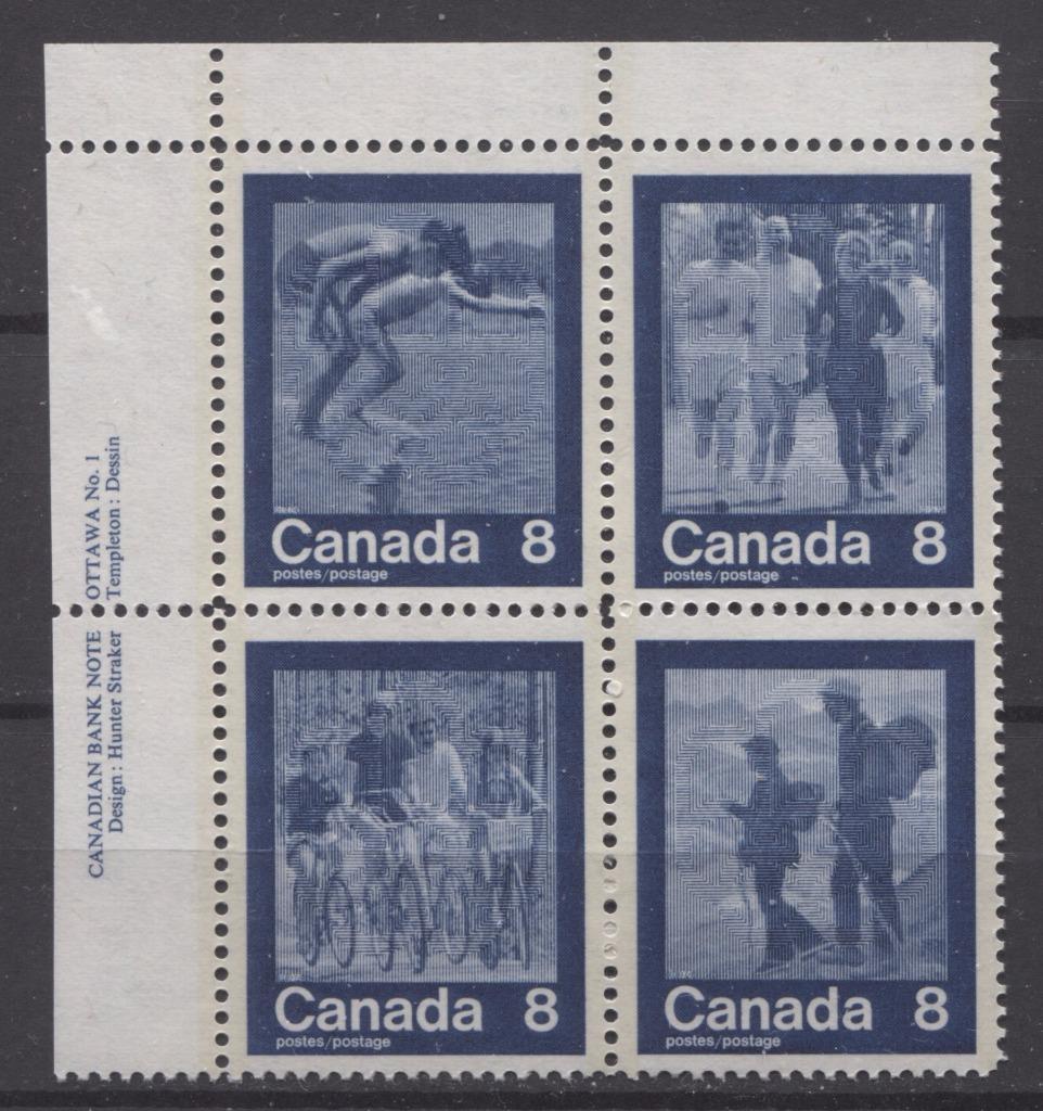 Canada #632a (SG#768a) 1974 Summer Sports Issue Block of 4 Paper/Tag Type 3 Plate 1 UL VF-80 NH Brixton Chrome 