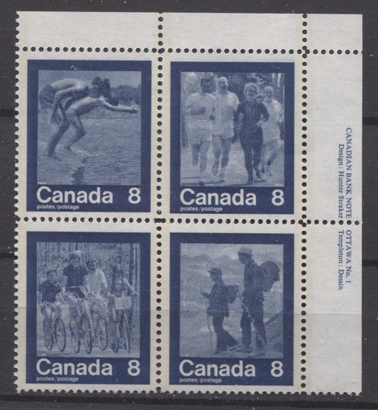Canada #632a (SG#768a) 1974 Summer Sports Issue Block of 4 Paper/Tag Type 3 Plate 1 UR VF-75 NH Brixton Chrome 