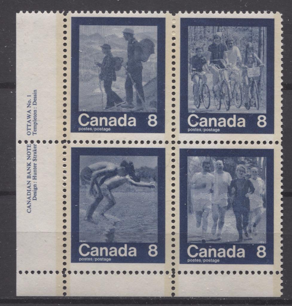 Canada #632a (SG#768a) 1974 Summer Sports Issue Block of 4 Paper/Tag Type 4 Plate 1 LL F-70 NH Brixton Chrome 