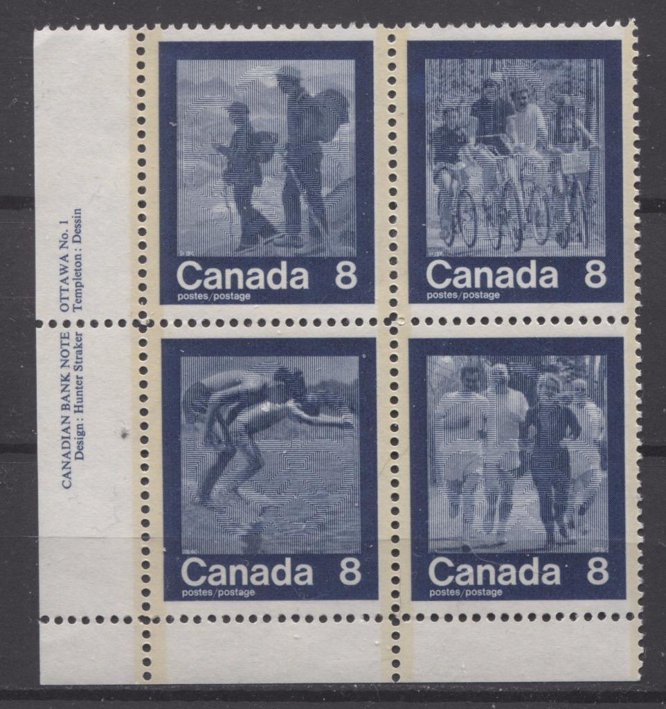 Canada #632a (SG#768a) 1974 Summer Sports Issue Block of 4 Paper/Tag Type 4 Plate 1 LL VF-80 NH Brixton Chrome 