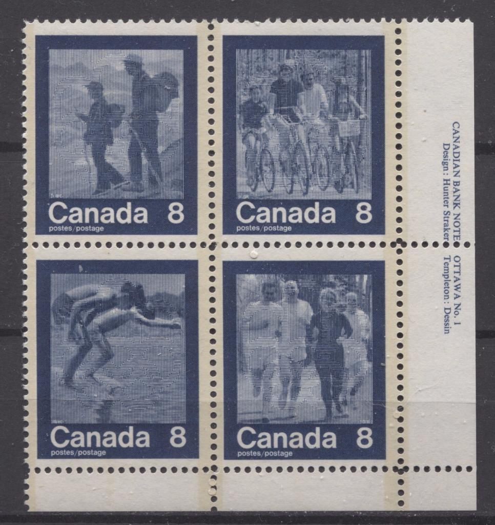 Canada #632a (SG#768a) 1974 Summer Sports Issue Block of 4 Paper/Tag Type 4 Plate 1 LR VF-75 NH Brixton Chrome 