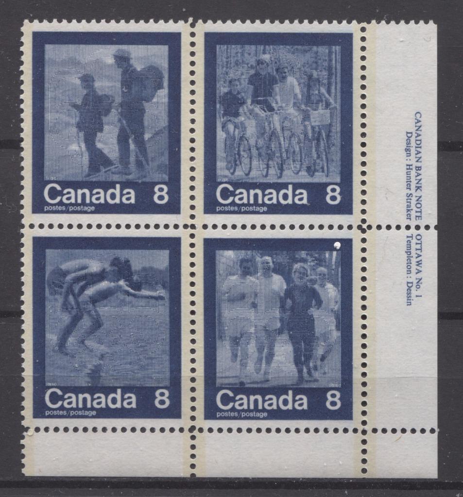 Canada #632a (SG#768a) 1974 Summer Sports Issue Block of 4 Paper/Tag Type 4 Plate 1 LR VF-80 NH Brixton Chrome 