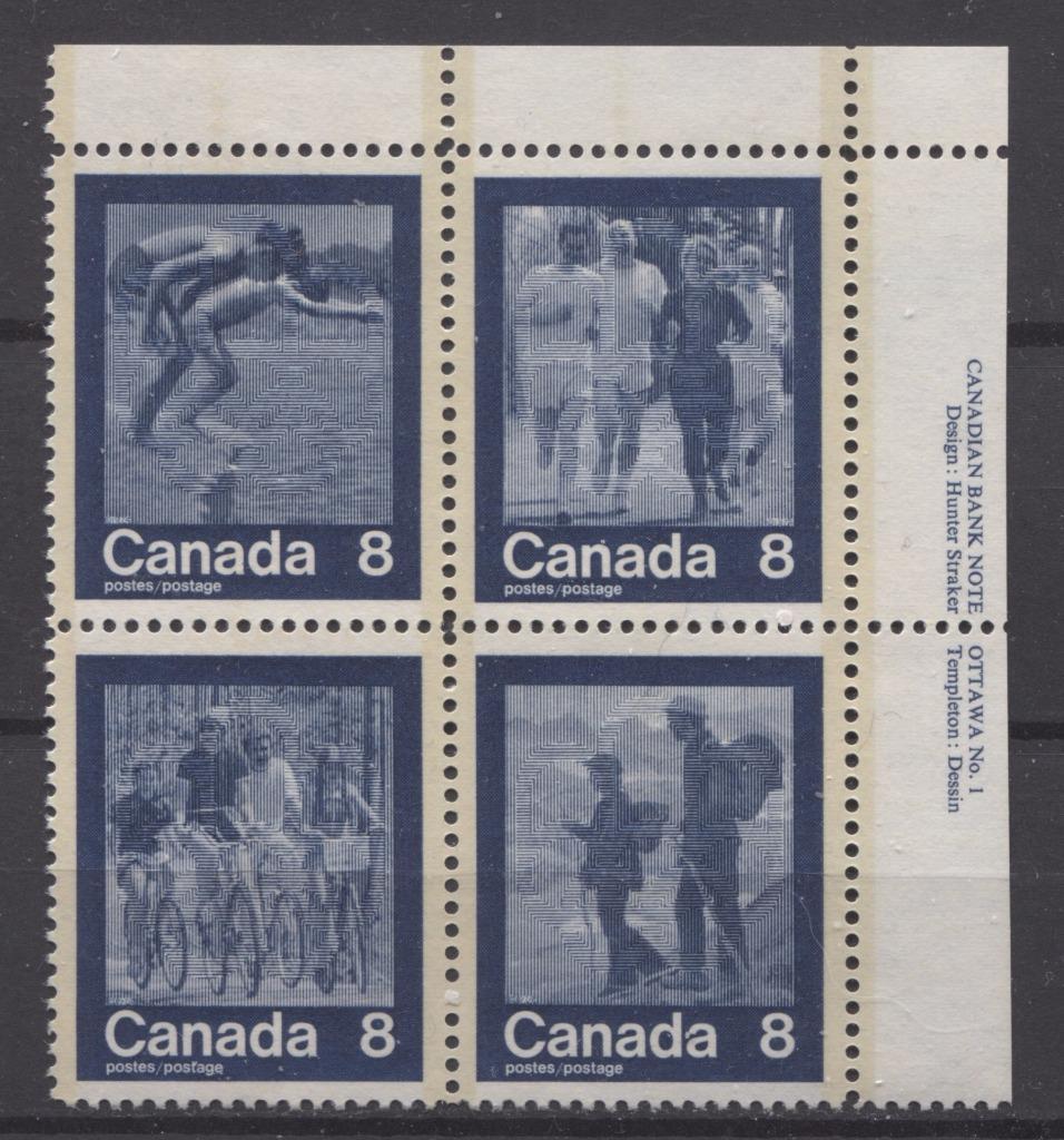 Canada #632a (SG#768a) 1974 Summer Sports Issue Block of 4 Paper/Tag Type 4 Plate 1 UR VF-84 NH Brixton Chrome 