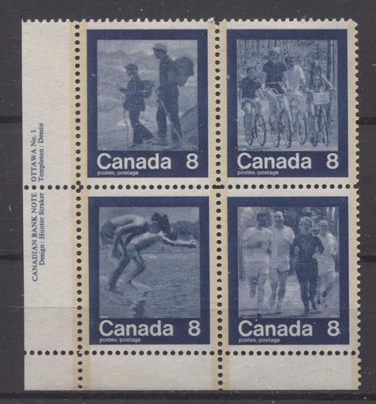 Canada #632a (SG#768a) 1974 Summer Sports Issue Block of 4 Paper/Tag Type 5 Plate 1 LL VF-84 NH Brixton Chrome 