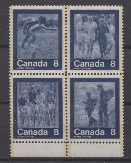 Canada #632a (SG#768a) 1974 Summer Sports Issue Block of 4 Paper/Tag Type 5 VF-84 NH Brixton Chrome 