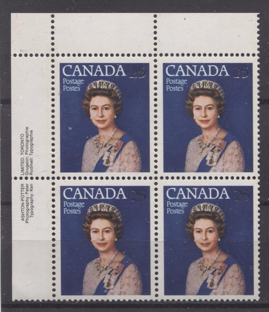 Canada #704 (SG#855) 25c Multicoloured Queen Elizabeth II 1977 Silver Jubilee Issue Paper Type 1 UL Block VF-80 NH Brixton Chrome 