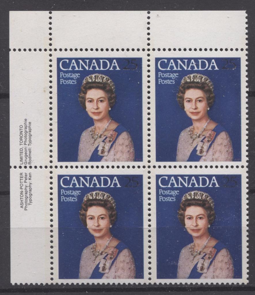 Canada #704 (SG#855) 25c Multicoloured Queen Elizabeth II 1977 Silver Jubilee Issue Paper Type 4 UL Block VF-75 NH Brixton Chrome 