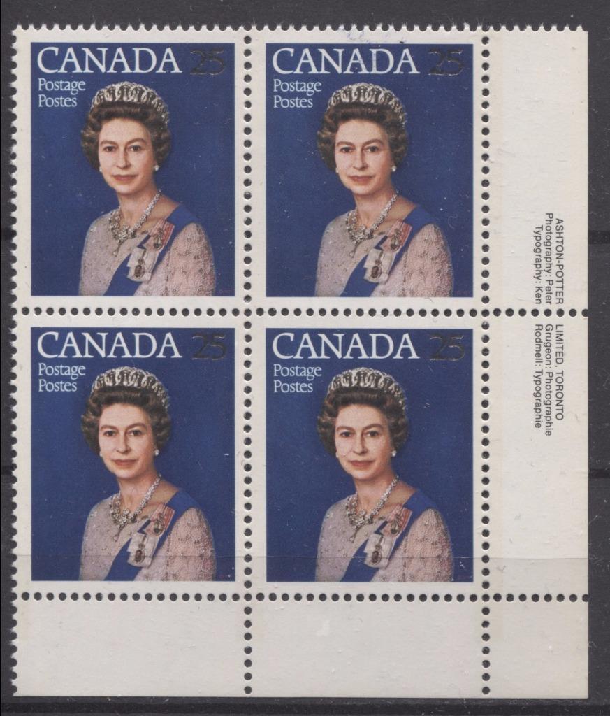 Canada #704ii (SG#855) 25c Multicoloured Queen Elizabeth II 1977 Silver Jubilee Issue Paper Type 4 LR Block F-70 NH Brixton Chrome 