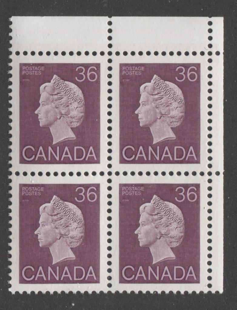 Canada #926A (SG#1162) 1987 36c Plum Queen Elizabeth II 1982-1987 Artifacts Issue Vertical Wove Harrison Paper With Tagging Flaw UR Corner Block VF-80 NH Brixton Chrome 