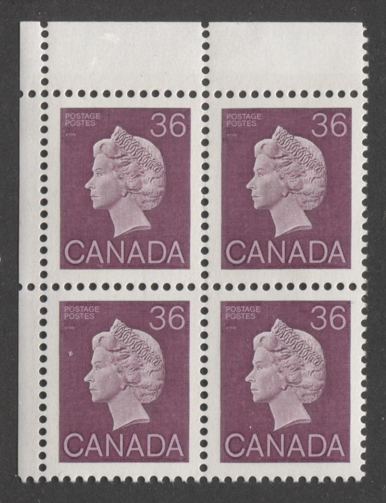 Canada #926A (SG#1162) 36c Plum Queen Elizabeth II 1982-1987 Artifacts Issue Vertical Wove Harrison Paper NF/DF-fl Deep Yellow Tagging UL Corner Block VF-80 NH Brixton Chrome 