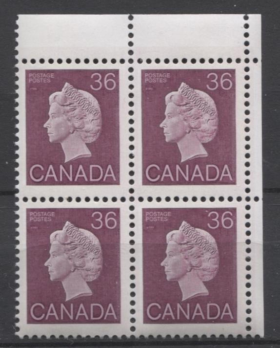 Canada #926A (SG#1162) 36c Plum Queen Elizabeth II 1982-1987 Artifacts Issue Vertical Wove Harrison Paper NF/DF-fl Deep Yellow Tagging UR Corner Block F-70 NH Brixton Chrome 