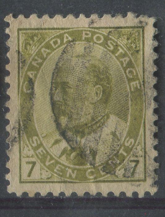 Canada #92ii (SG#180) 7c Deep Yellow Olive King Edward VII Fine Vertical Mesh Paper F-67 Used Brixton Chrome 