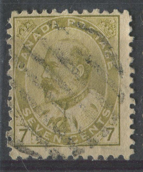 Canada #92ii (SG#180) 7c Pale Yellow Olive King Edward VII Coarse Vertical Mesh Paper VG-63 Used Brixton Chrome 