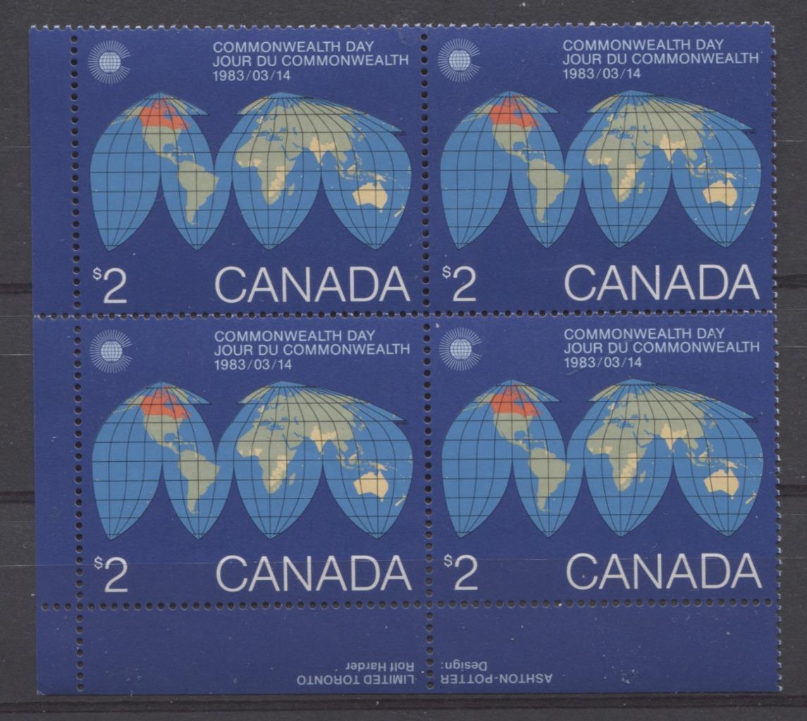 Canada #977 (SG#1084) $2 1983 Commonwealth Day Issue LL Inscription Block DF-fl Paper VF-84 NH Brixton Chrome 