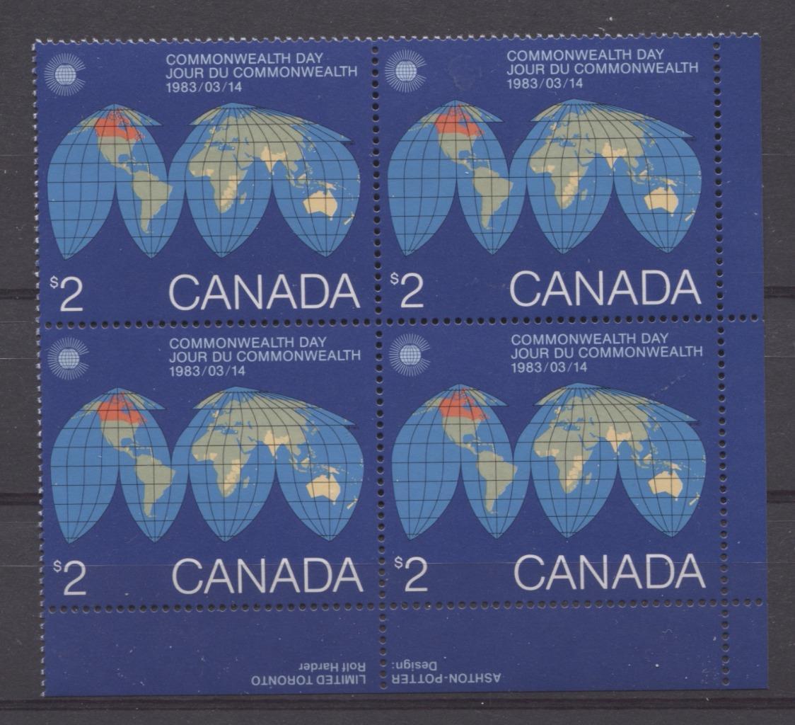 Canada #977 (SG#1084) $2 1983 Commonwealth Day Issue LR Inscription Block DF-fl Paper VF-80 NH Brixton Chrome 