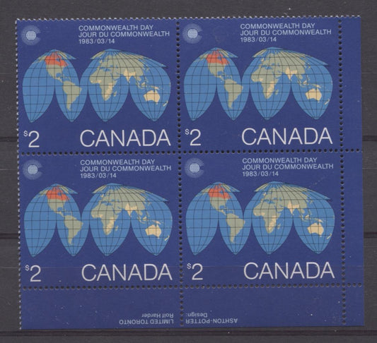 Canada #977 (SG#1084) $2 1983 Commonwealth Day Issue LR Inscription Block DF-fl Paper VF-80 NH Brixton Chrome 