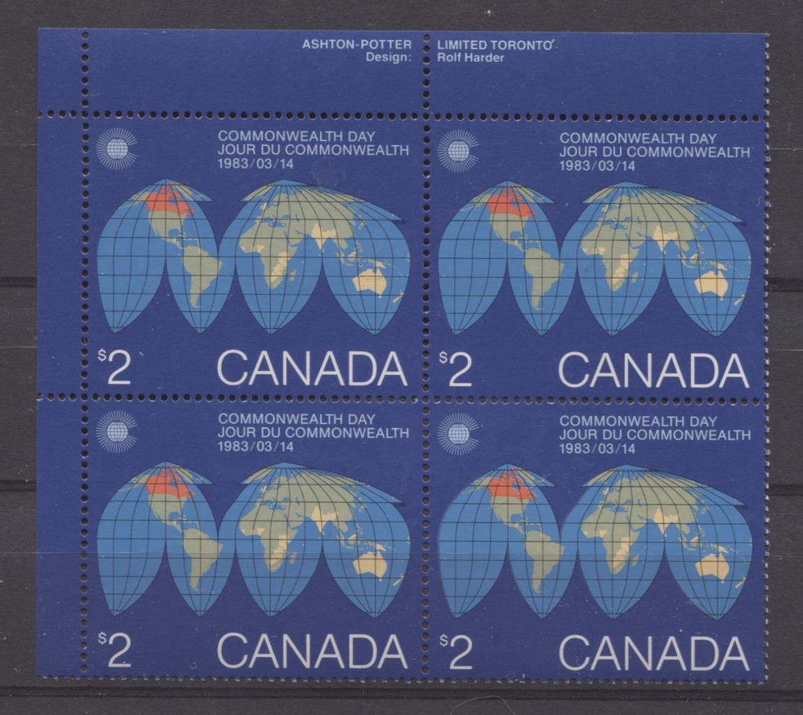 Canada #977 (SG#1084) $2 1983 Commonwealth Day Issue UL Inscription Block DF-fl Paper VF-80 NH Brixton Chrome 