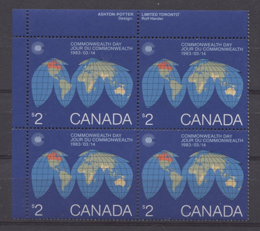 Canada #977 (SG#1084) $2 1983 Commonwealth Day Issue UL Inscription Block LF-fl Paper VF-80 NH Brixton Chrome 