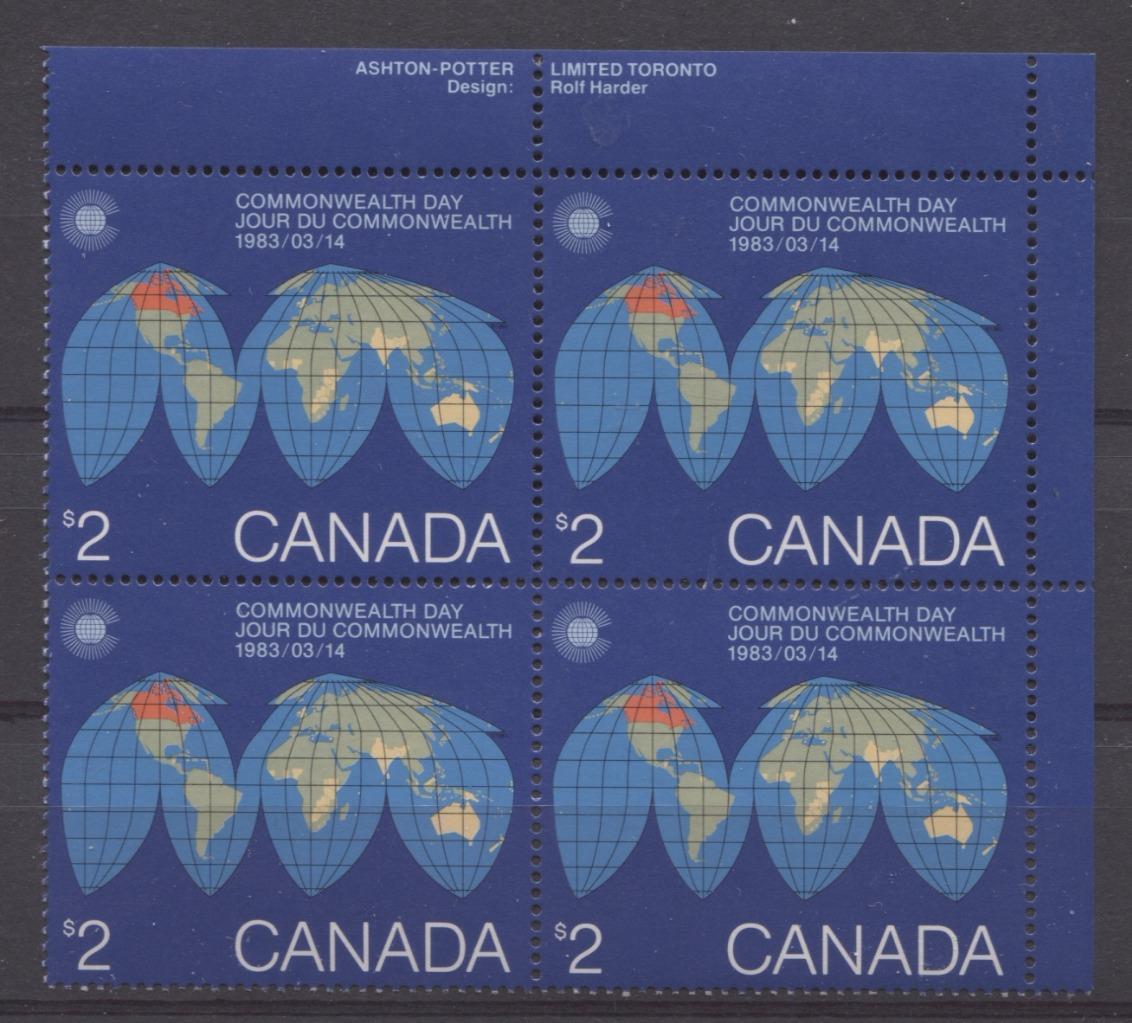 Canada #977 (SG#1084) $2 1983 Commonwealth Day Issue UR Inscription Block LF-fl Paper VF-80 NH Brixton Chrome 