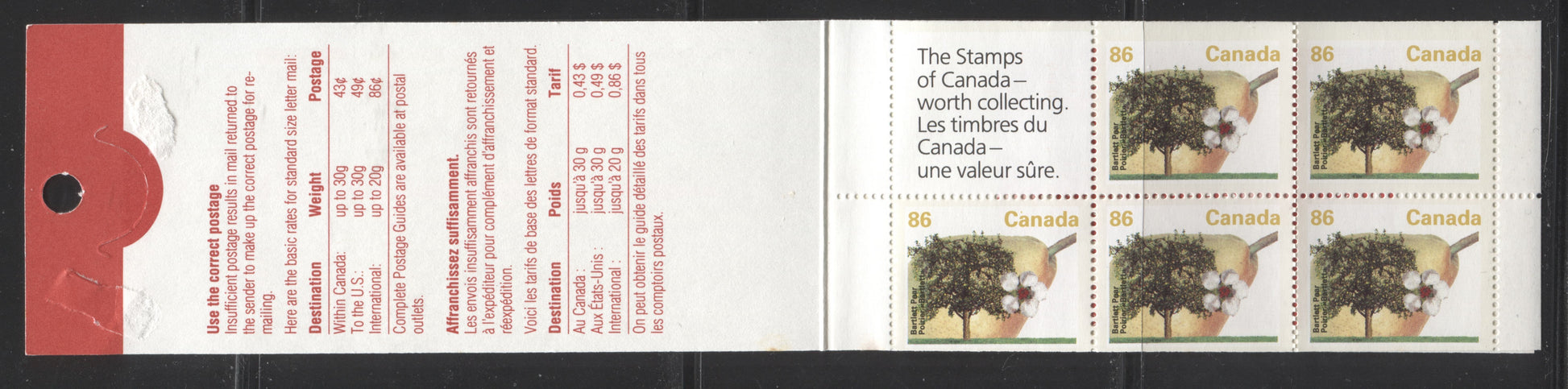 Canada #BK157a-d 1991-1998 Fruit and Flag Definitive Issue, Complete $4.30 Booklet, Coated Papers Paper, Dead Paper, 4 mm GT-4 Tagging Brixton Chrome 