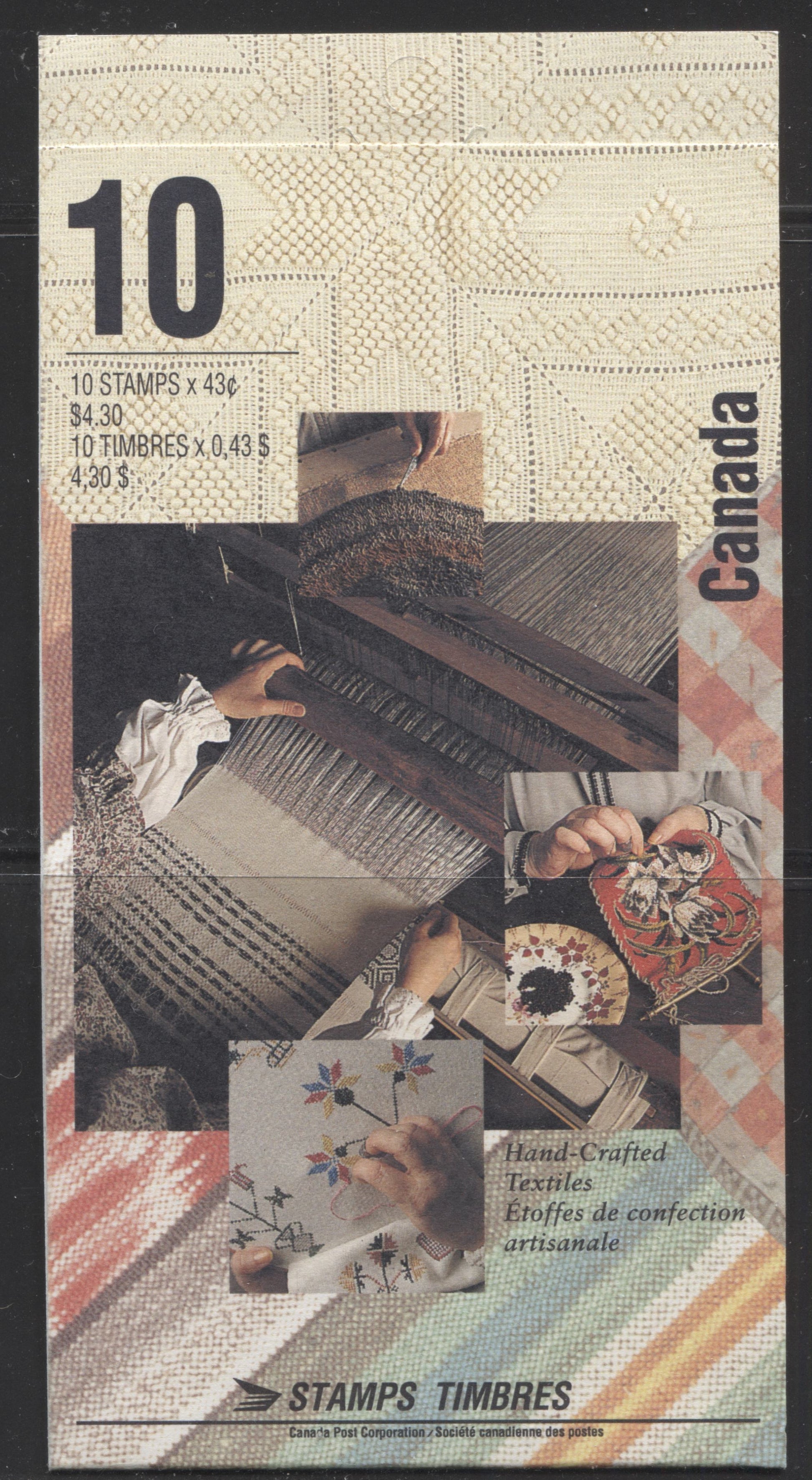 Canada #BK159a-b 1993 Hand Crafted Textiles Issue, Complete $4.30 Booklet, Harrison Paper, Dead Paper, 4 mm GT-4 Tagging Brixton Chrome 