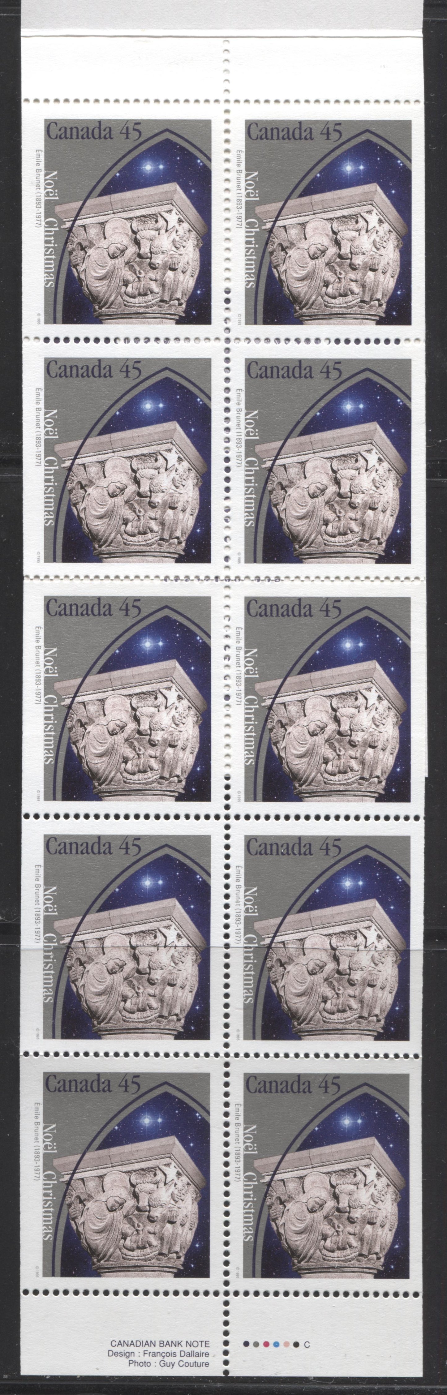 Canada #BK187a-b 1995 Christmas Issue, Complete $4.50 Booklet, Coated Papers Paper, Dead Paper, 4 mm GT-4 Tagging Brixton Chrome 