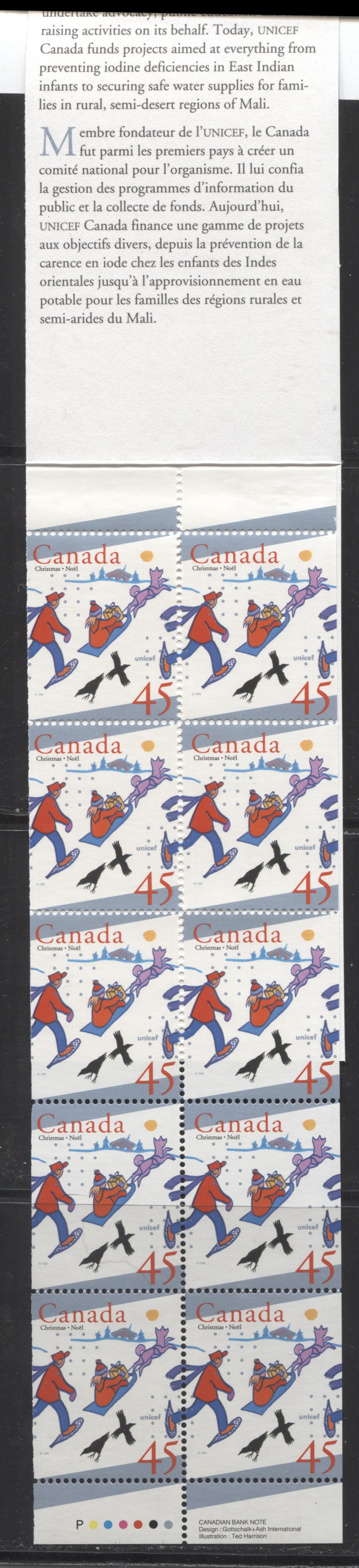 Canada #BK196a-b 1996 Christmas Issue, Complete $4.50 Booklet, Peterborough Paper, Dull Paper, 4 mm GT-2 Tagging Brixton Chrome 
