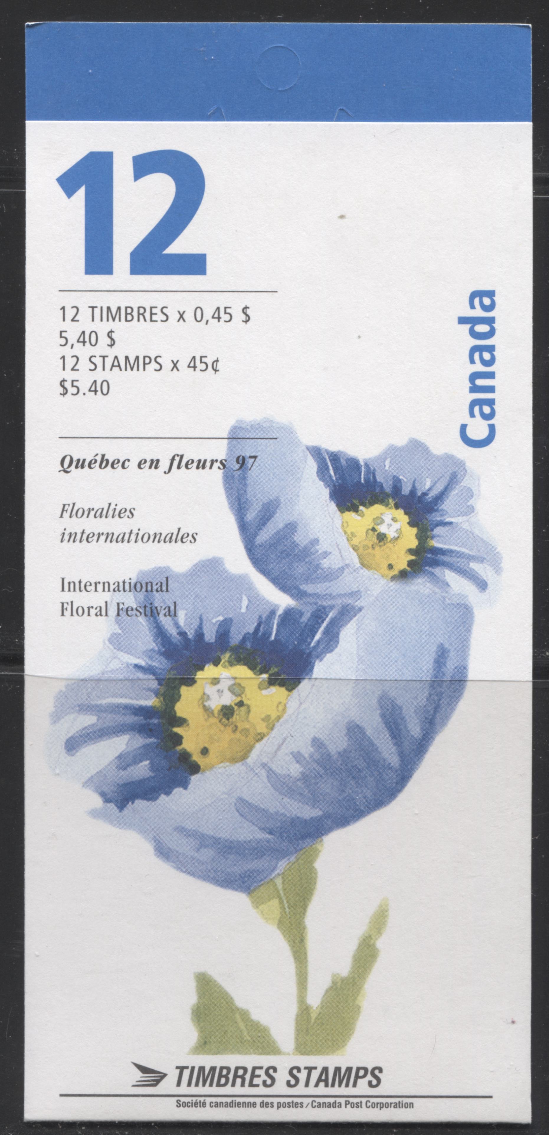 Canada #BK199a-b 1997 Quebec En Fluers 97 Issue, Complete $5.40 Booklet, Peterborough Paper, 4 mm GT-4 Tagging Brixton Chrome 