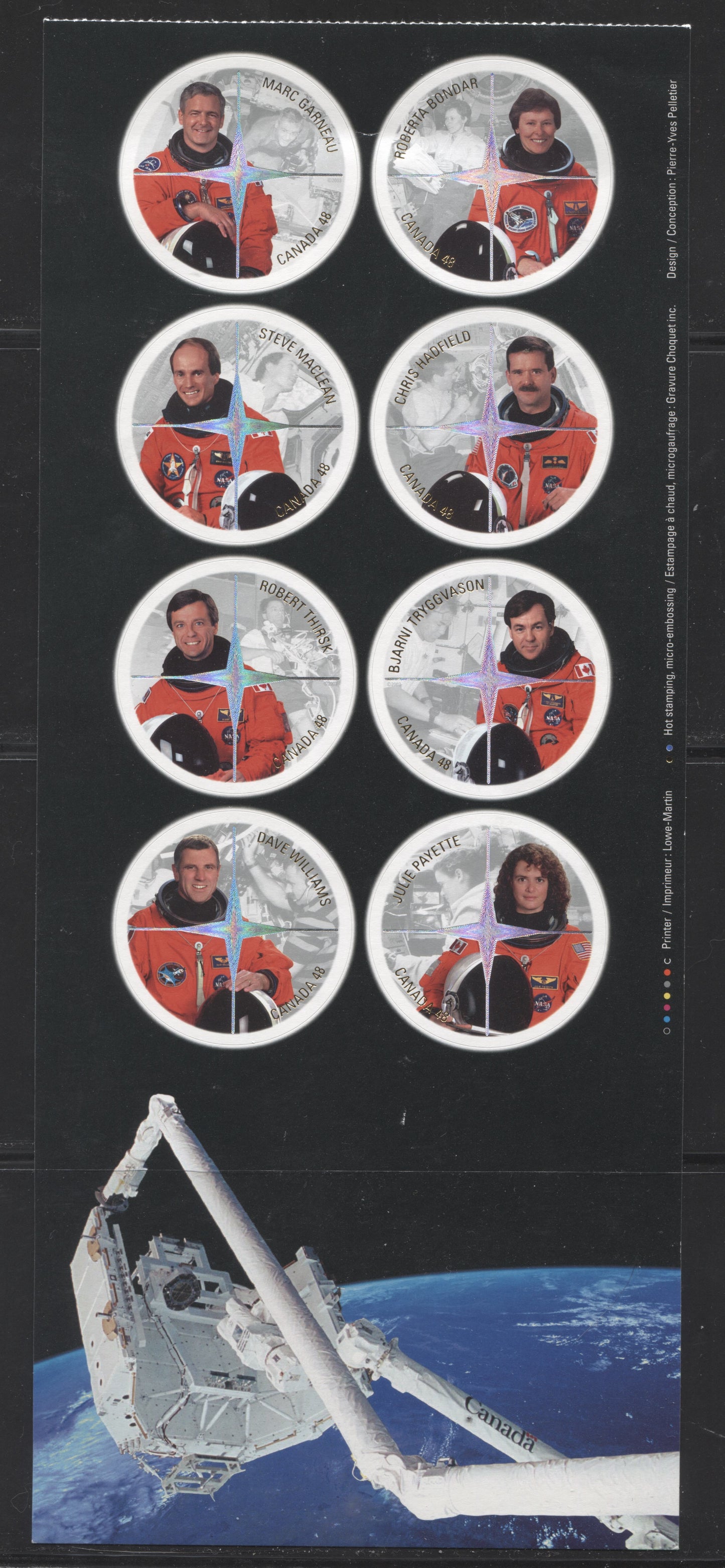 Canada #BK276 2003 Canadian Astronauts Issue, Complete $3.84 Booklet, Tullis Russell Coatings Paper, Dead Paper, 4 mm GT Tagged to Shape Brixton Chrome 