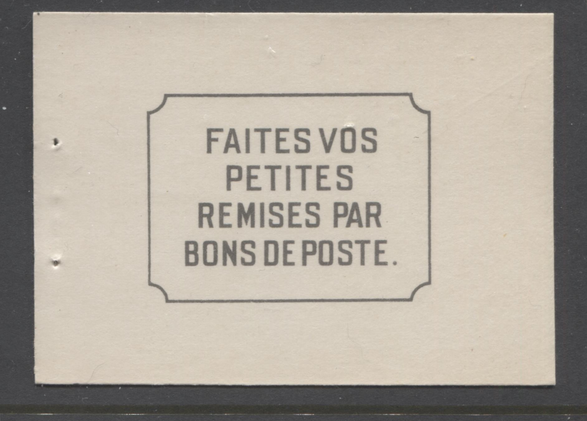 Canada #BK28b 1937-1942 Mufti Issue, Complete 25¢ French Booklet, Smooth Vertical Wove Paper, Type II Covers, Harris Front Cover Type IIj Brixton Chrome 