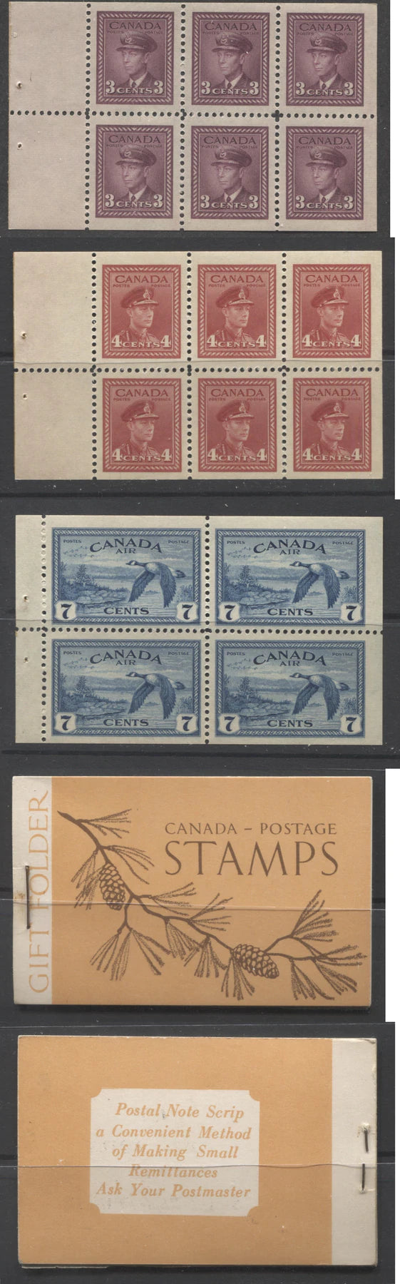 Lot 257 Canada #BK39a, 1942-1949 War Issue Complete $1.00, English Booklet Containing 1 Pane Each of 6 of 3c and 4c Plus 2 Panes of 4 7c Airmail Stamps 14 mm Staple, Brown and Deep Orange Cover