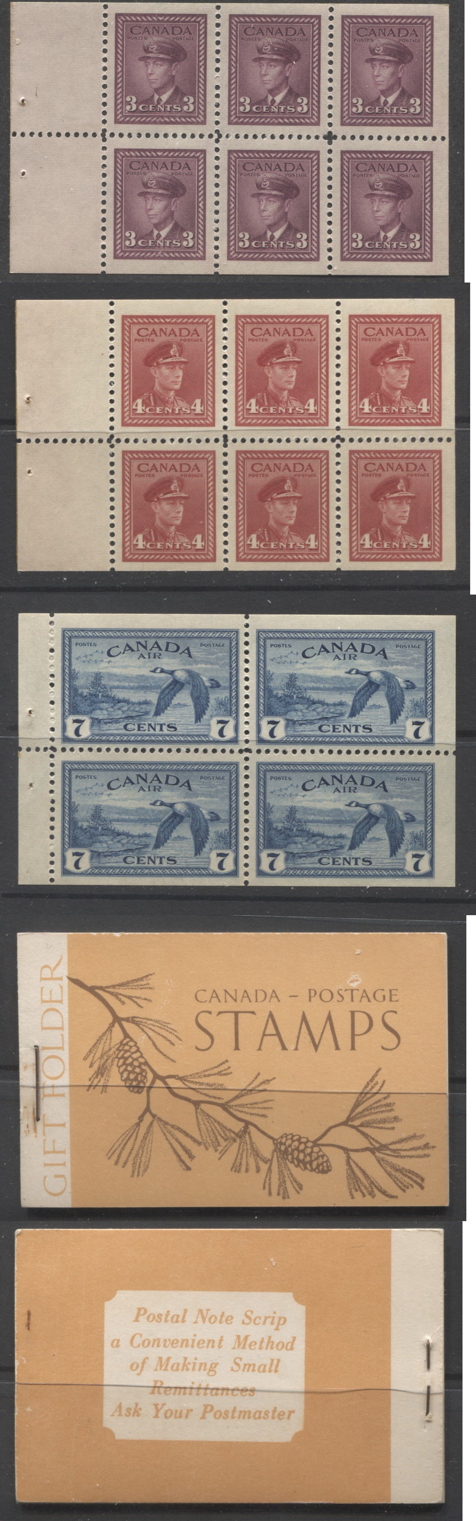Canada #BK39a (McCann #39b) 1942-1949 War Issue Complete $1.00, English Booklet Containing 1 Pane Each of 6 of 3c and 4c Plus 2 Panes of 4 7c Airmail Stamps, 14 mm Staple, Brown and Light Orange Cover, Constant Donut Flaw Above "T" of Postage Brixton Chrome 