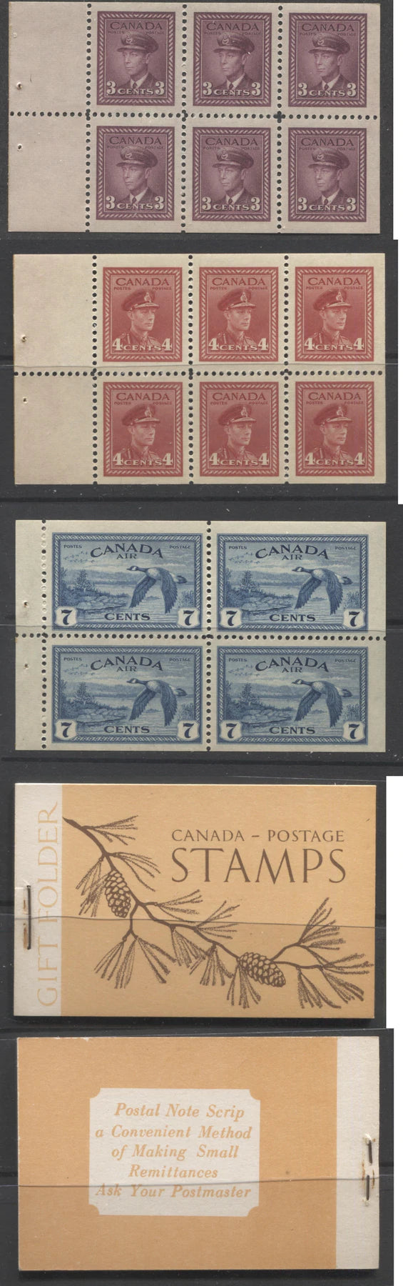 Lot 298 Canada #BK39a (McCann #39c) 1942-1949 War Issue Complete $1.00 English, Booklet Containing 1 Pane Each of 6 of 3c and 4c Plus 2 Panes of 4 7c  Airmail Stamps, 12 mm Staple