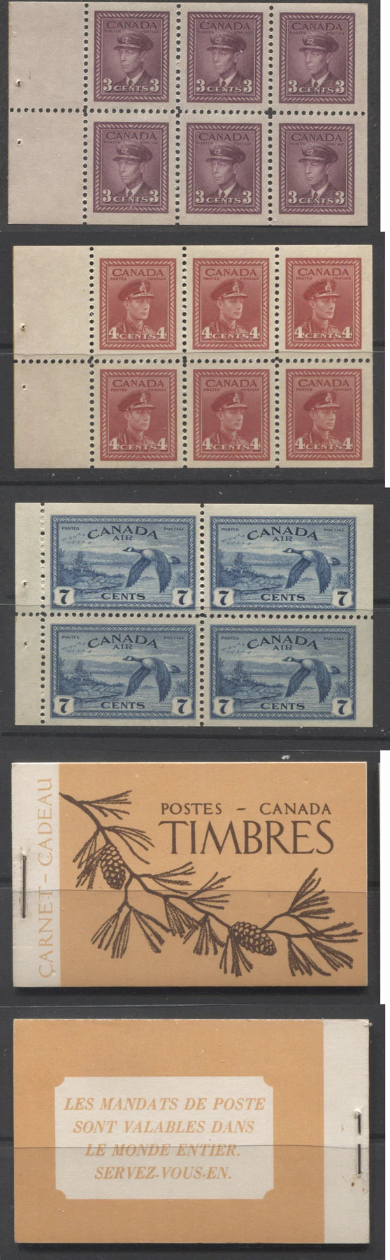 Lot 258 Canada #BK39a, 1942-1949 War Issue Complete $1.00, English Booklet Containing 1 Pane Each of 6 of 3c and 4c Plus 2 Panes of 4 7c Airmail Stamps 14 mm Staple, Brown and Deep Orange Cover, Oil Stains On 2 Panes