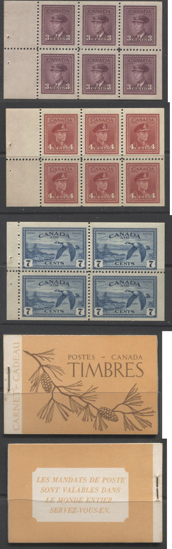 Lot 299 Canada #BK39a (McCann #39c) 1942-1949 War Issue Complete $1.00 French, Booklet Containing 1 Pane Each of 6 of 3c and 4c Plus 2 Panes of 4 7c Airmail Stamps, 12 mm Staple