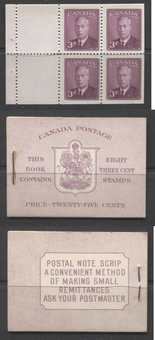 Canada #BK40a 1949-1953 Postes-Postage Issue Complete 25c English, Booklet Containing 2 Panes of the 3c Rose-Purple King George VI, Harris Front Cover Type IIe, Back Cover Cai, 7c & 5c Rate Page