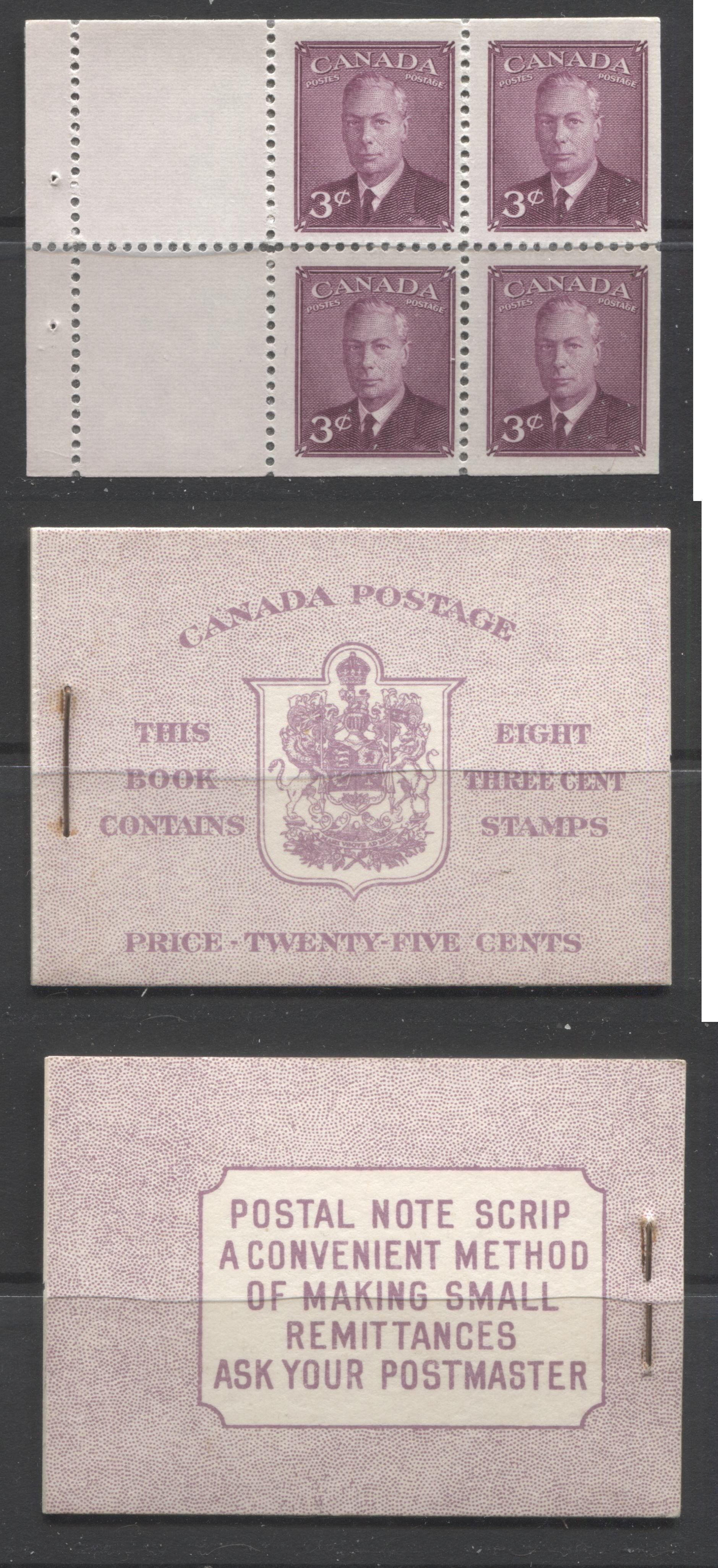 Canada #BK40a 1949-1953 Postes-Postage Issue Complete 25c English, Booklet Containing 2 Panes of the 3c Rose-Purple King George VI, Harris Front Cover Type IIf, Back Cover Caiii, 7c & 5c Rate Page, Broken "M" in Small Brixton Chrome 