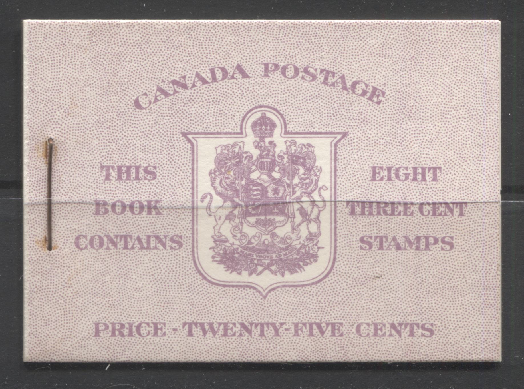 Canada #BK40a 1949-1953 Postes-Postage Issue Complete 25c English, Booklet Containing 2 Panes of the 3c Rose-Purple King George VI, Harris Front Cover Type IIf, Back Cover Caiii, 7c & 5c Rate Page, Broken "M" in Small Brixton Chrome 