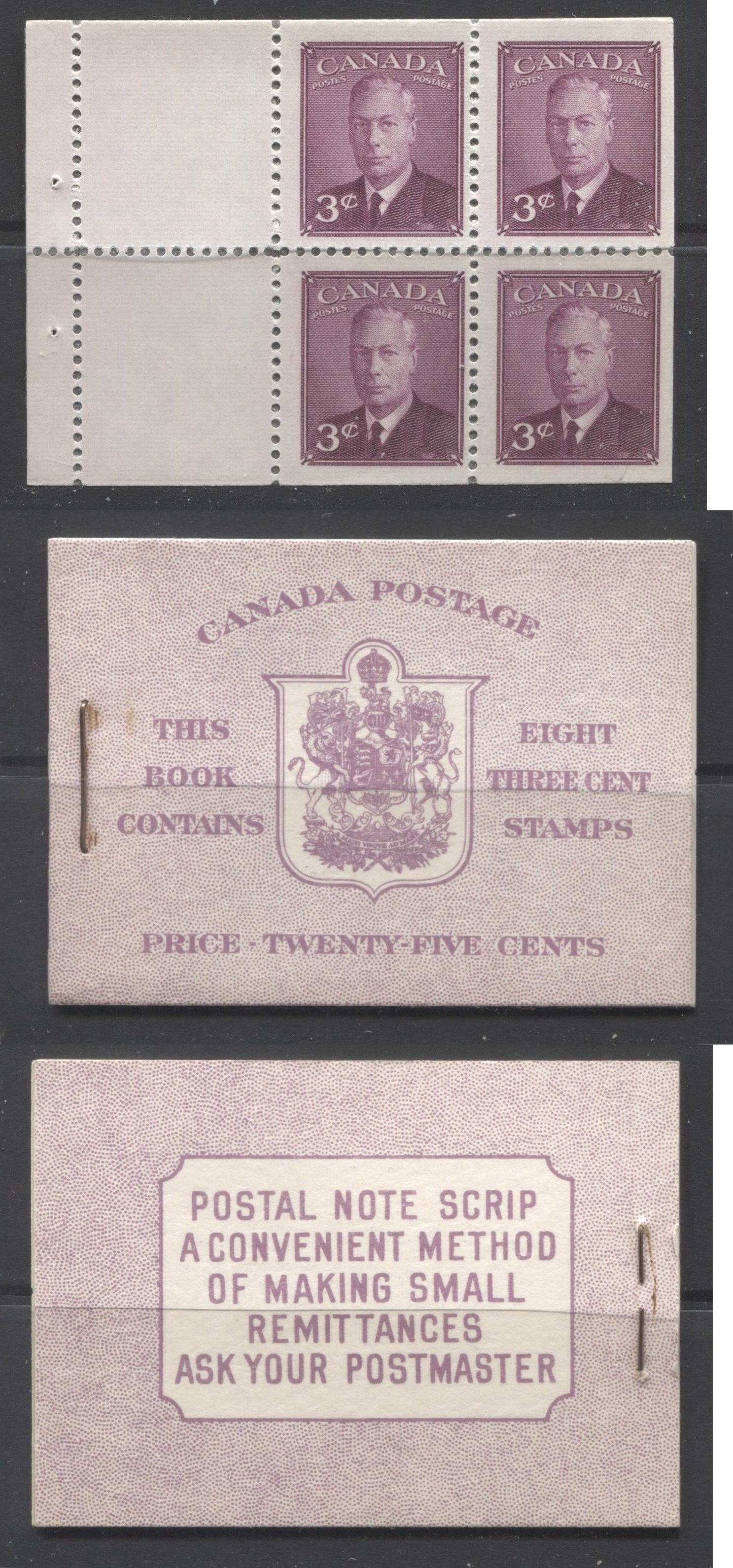 Canada #BK40a 1949-1953 Postes-Postage Issue Complete 25c English, Booklet Containing 2 Panes of the 3c Rose-Purple King George VI, Harris Front Cover Type IIf, Back Cover Cai, 7c & 5c Rate Page Brixton Chrome 