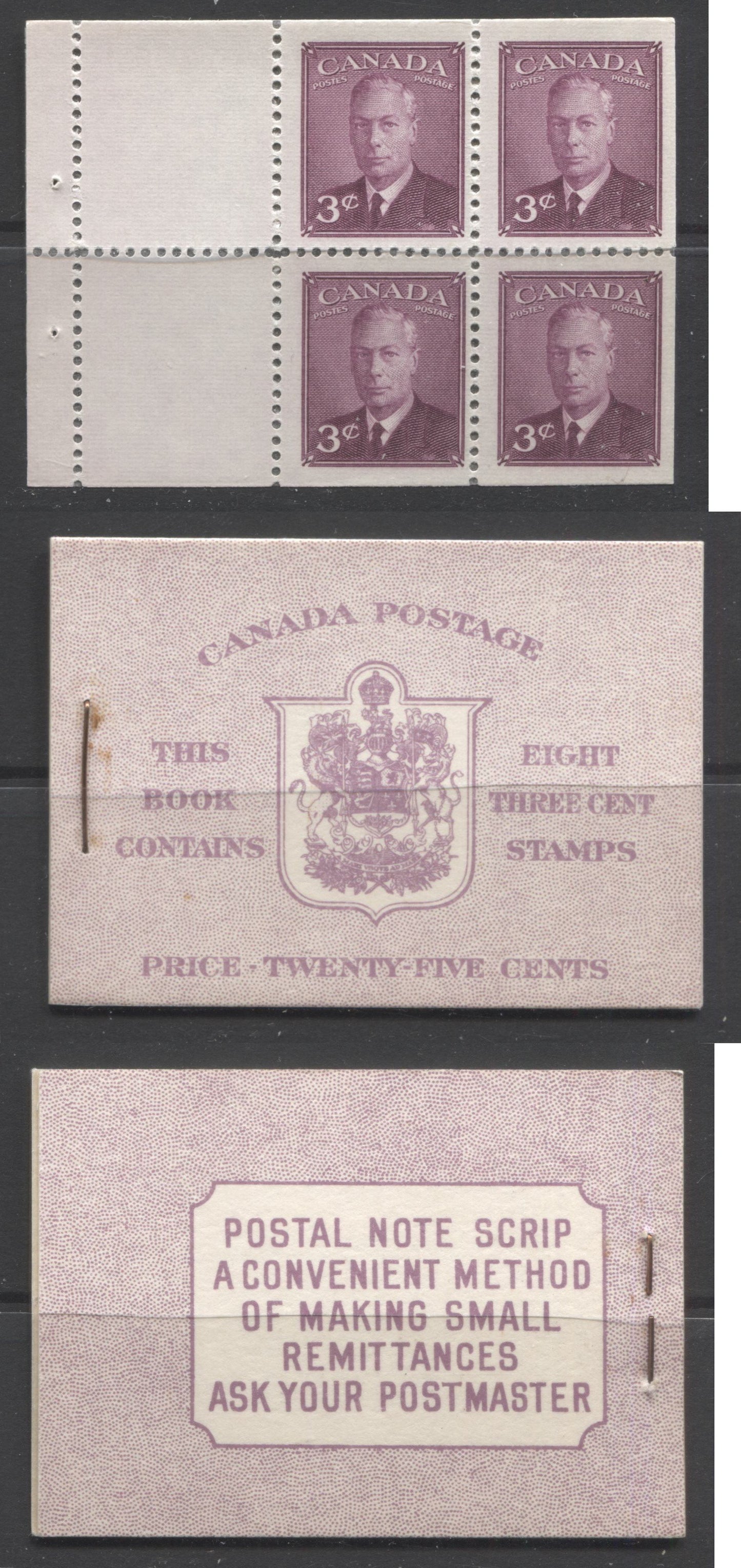 Canada #BK40a 1949-1953 Postes-Postage Issue Complete 25c English, Booklet Containing 2 Panes of the 3c Rose-Purple King George VI, Harris Front Cover Type IIf, Back Cover Caii, 7c & 5c Rate Page Brixton Chrome 